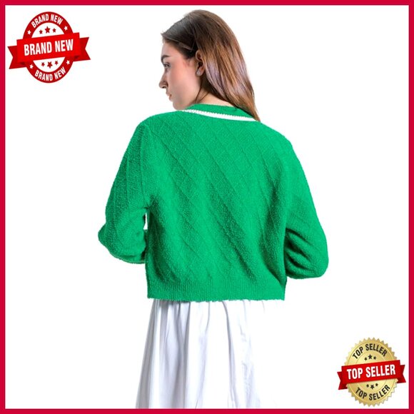 Cropped Cardigan Sweater Long Sleeve Open Front Button Down Tweed - Picture 6 of 7